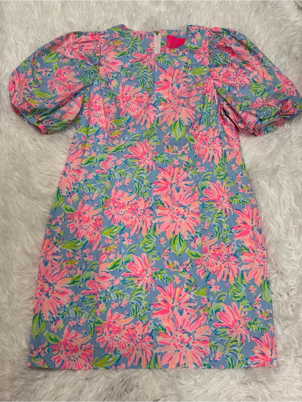 Lilly Pulitzer Puff Sleeve Shift Dress Pink Blue Green Floral Size 14 EUC